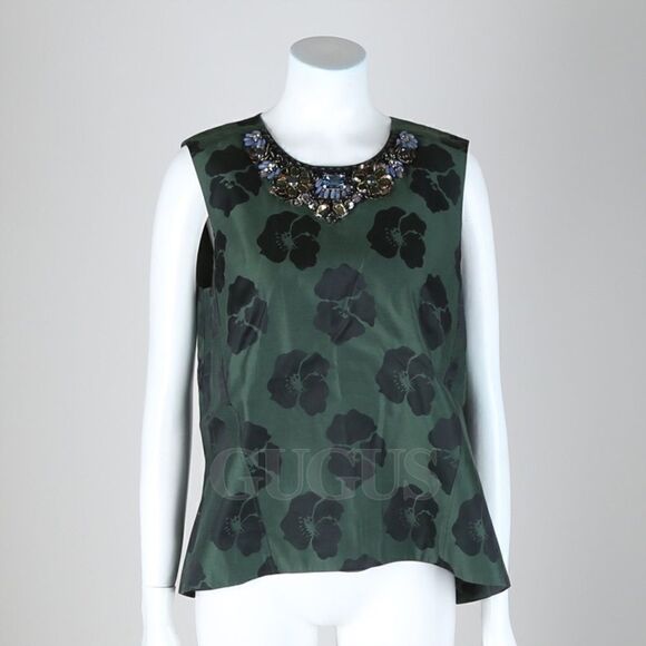 Tory Burch Silk Green Top Blouse Сrystallized Size 2 - Picture 1 of 11